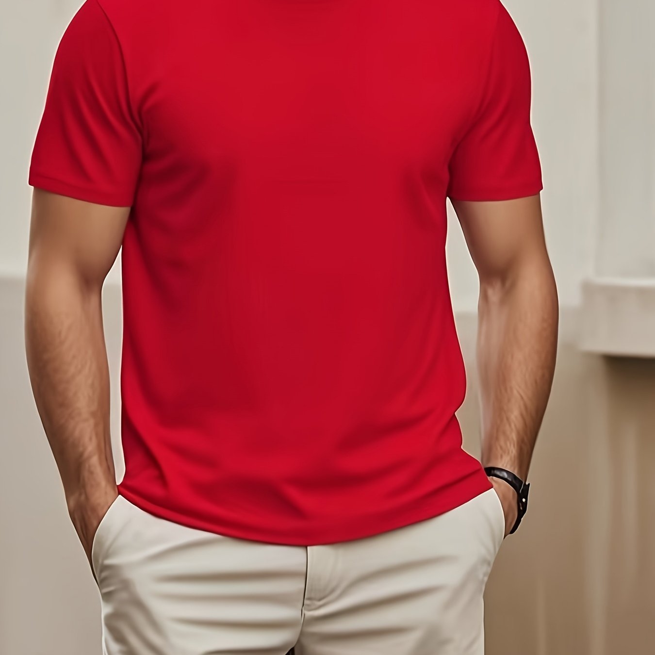 Erkaklar uchun bir rangli, yumshoq bo'yinli, qisqa yengli polyester futbolka, sport, gimnastika mashg'ulotlari va kundalik tasodifiy kiyim uchun mos. Tez quriydigan va ko'p maqsadli.