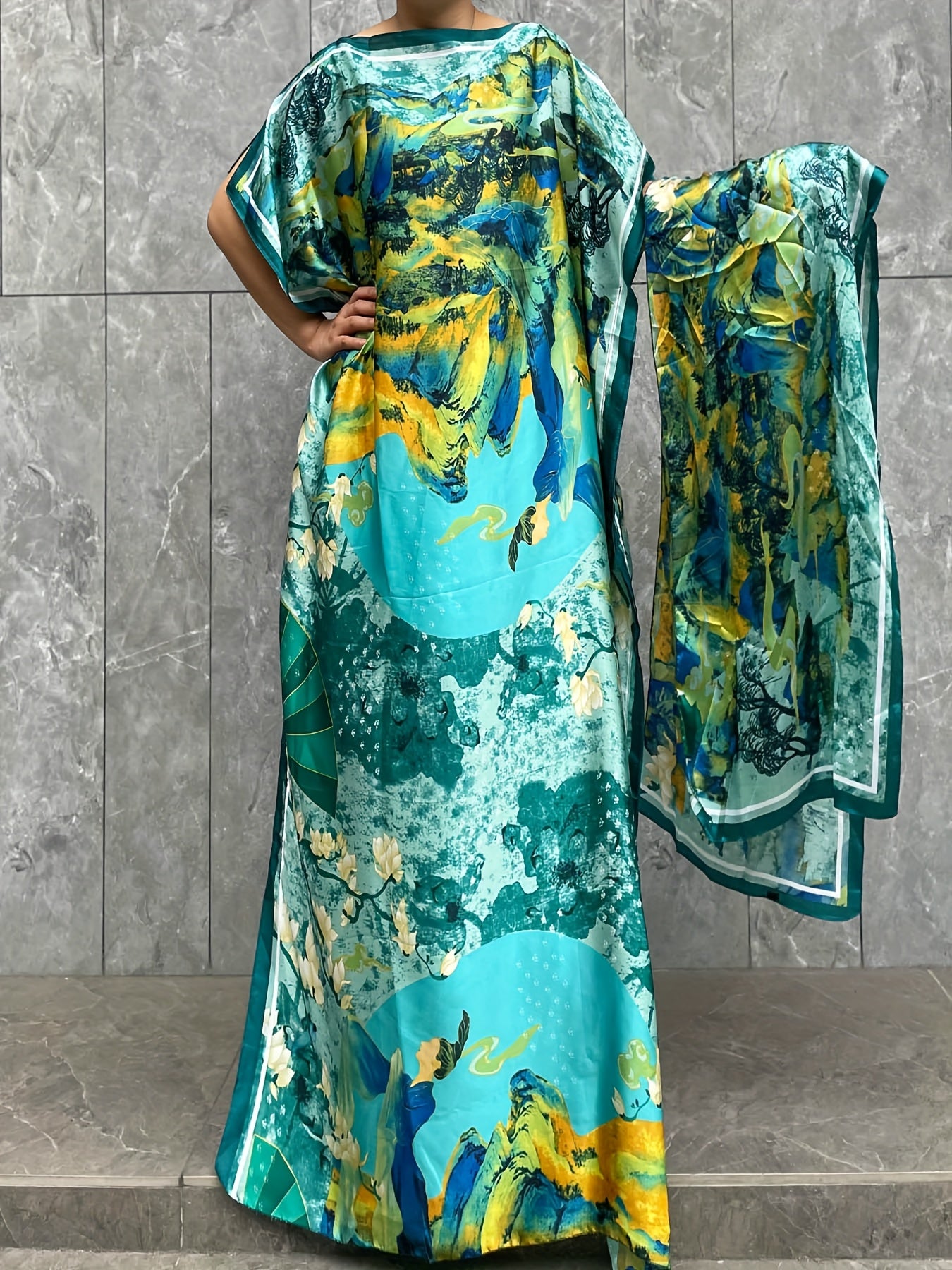 Платье для женщин больших размеров с цветочным принтом и рукавами-крылышками и шарфом, цвет: бирюзовый и желтый