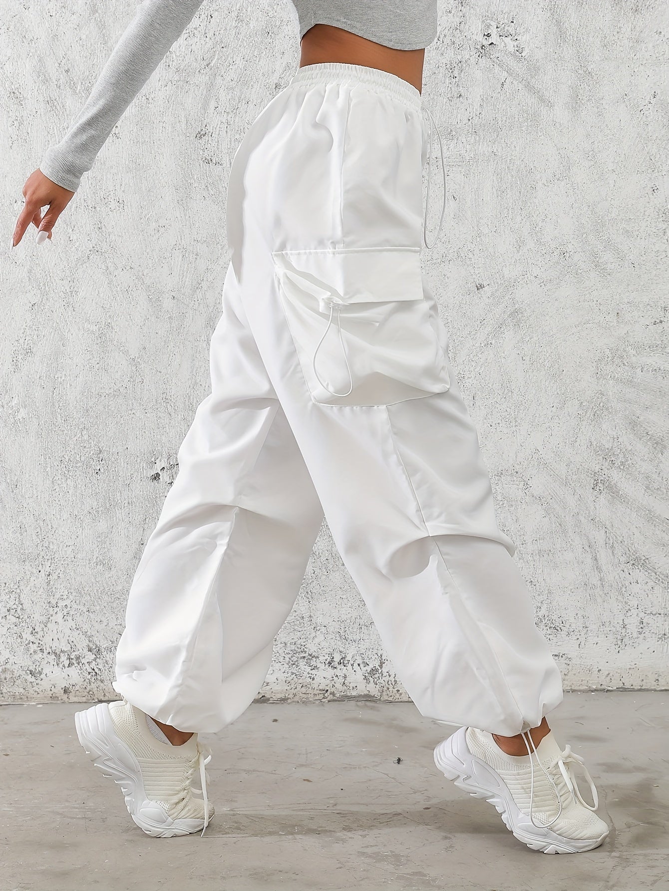 Women's Solid Color Cargo Pants with Drawstring Waist and Flap Pockets