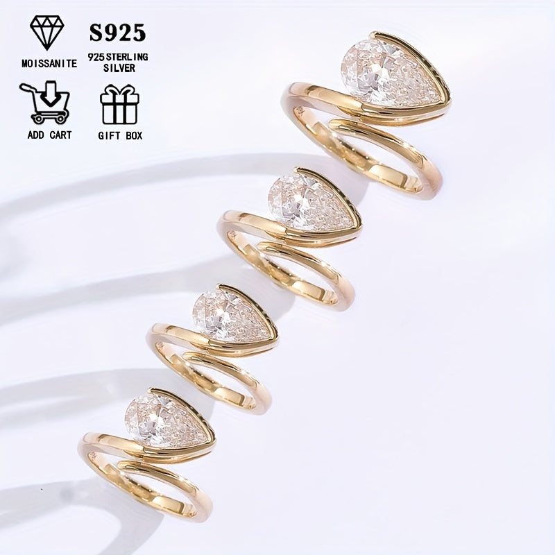 925 Silver Plated Moissanite Pear-Shaped Wedding Band for Women Adjustable Hypoallergenic Engagement Ring