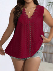 Top de tirantes casual para mujer de talla grande con escote en V, encaje, bordado y ojete, con estiramiento medio