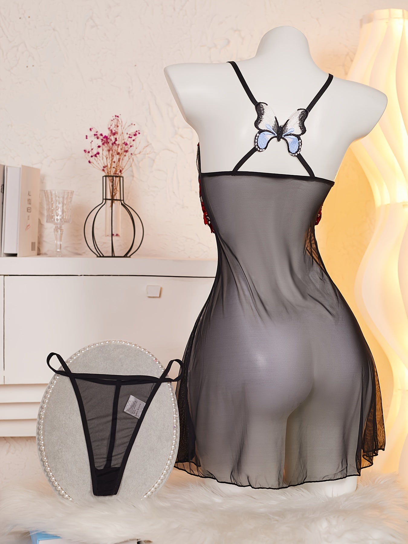 Women's Floral Lace Trim Sleepwear Set with Bow Detail Polyester