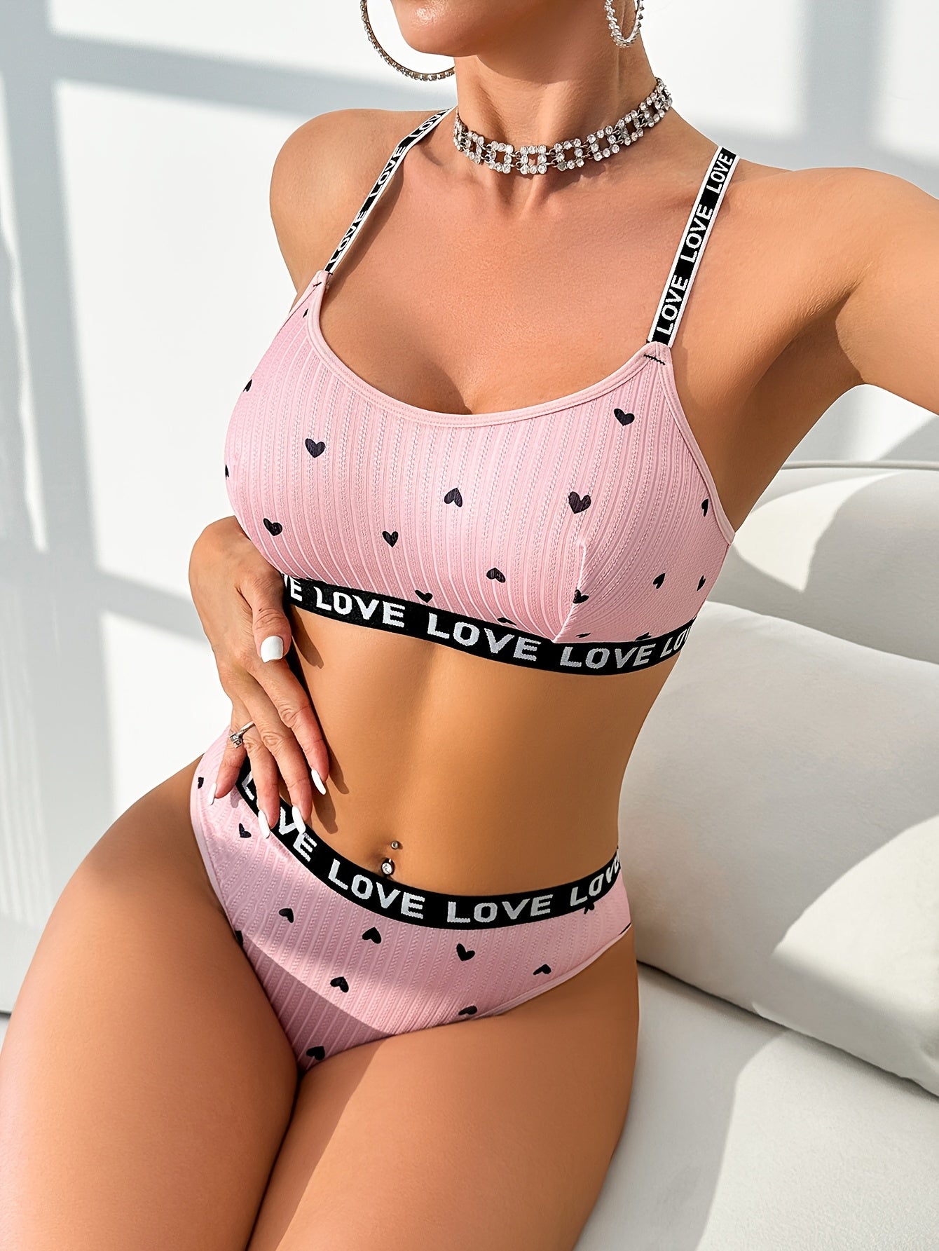 Women's Heart Print Lingerie Set Polyester Knit with Love Strap and Braid Accent