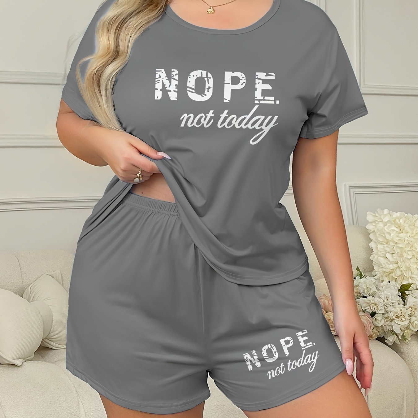 Plus Size Women's Loungewear Set Casual Slogan Print Short Sleeve Top and Elastic Shorts