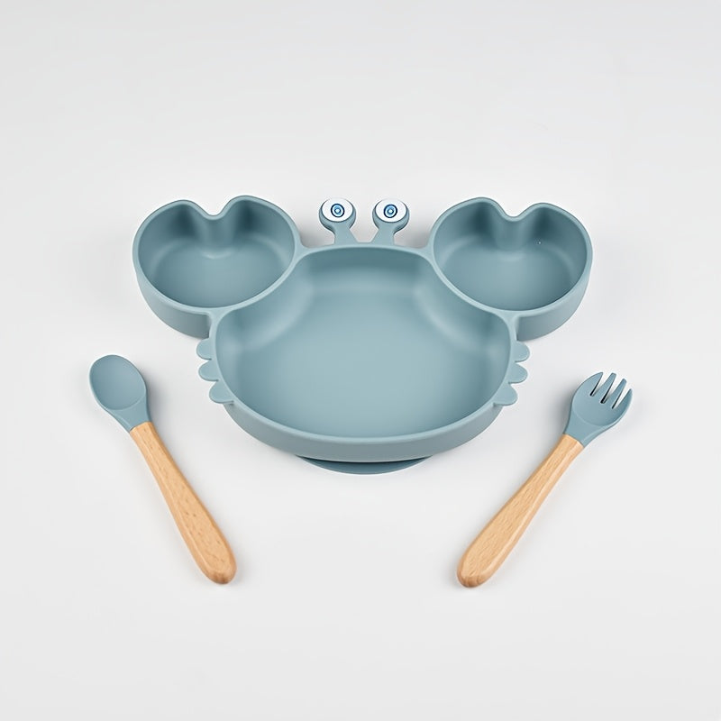 Silicone Toddler Tableware Set Non-Slip Crab Design Dinner Plate Spoons for Ages 0-3