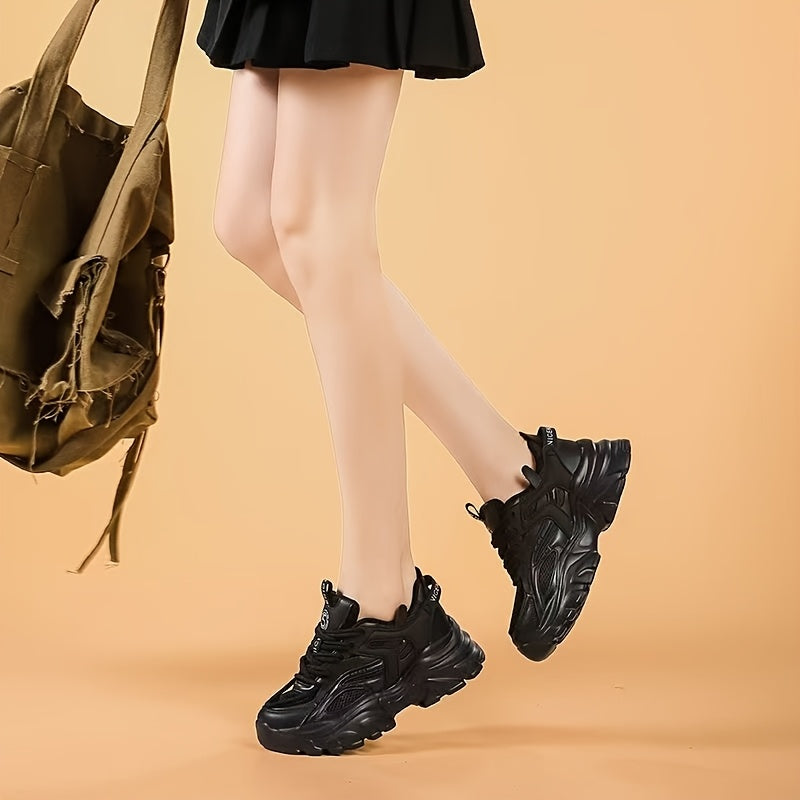Ayollar uchun qora chunky sport poyabzali, nafas oladigan tarmoq, PVC, kundalik, pastki qism