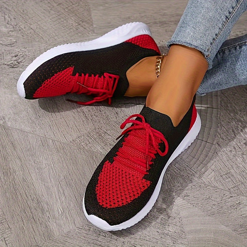 Women's Breathable Knit Sneakers Lightweight Non-Slip Casual Black Red