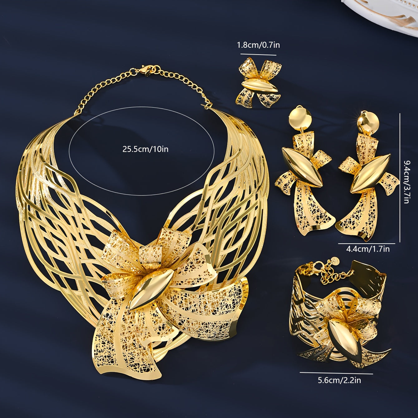 Set of 4 Brass Jewelry Pieces Big Flower Necklace Earrings Bracelet Ring 18k Gold Plated Women Party Wedding