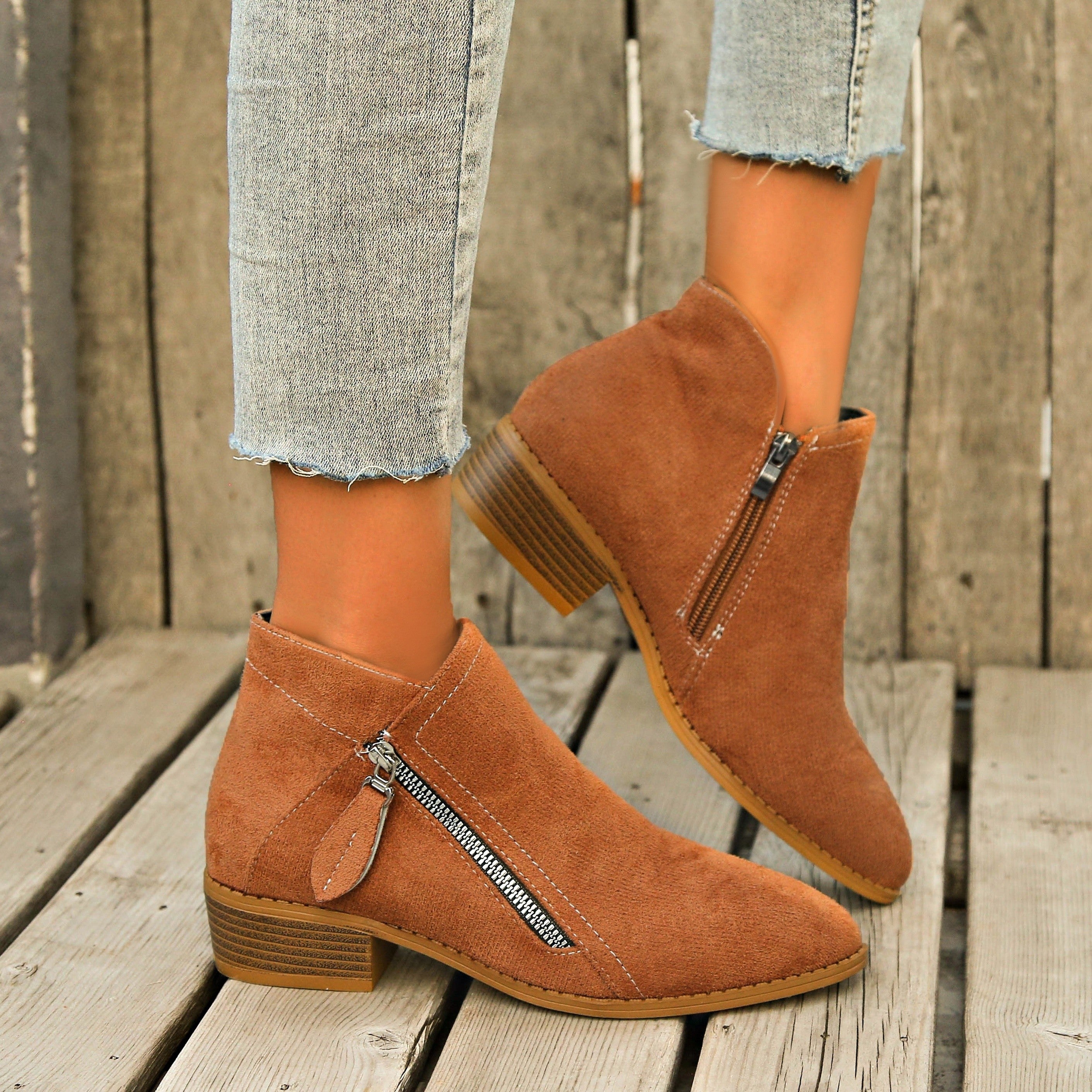 Women's Ankle Boots Retro Solid Color Casual Leather Footwear with Chunky Heel