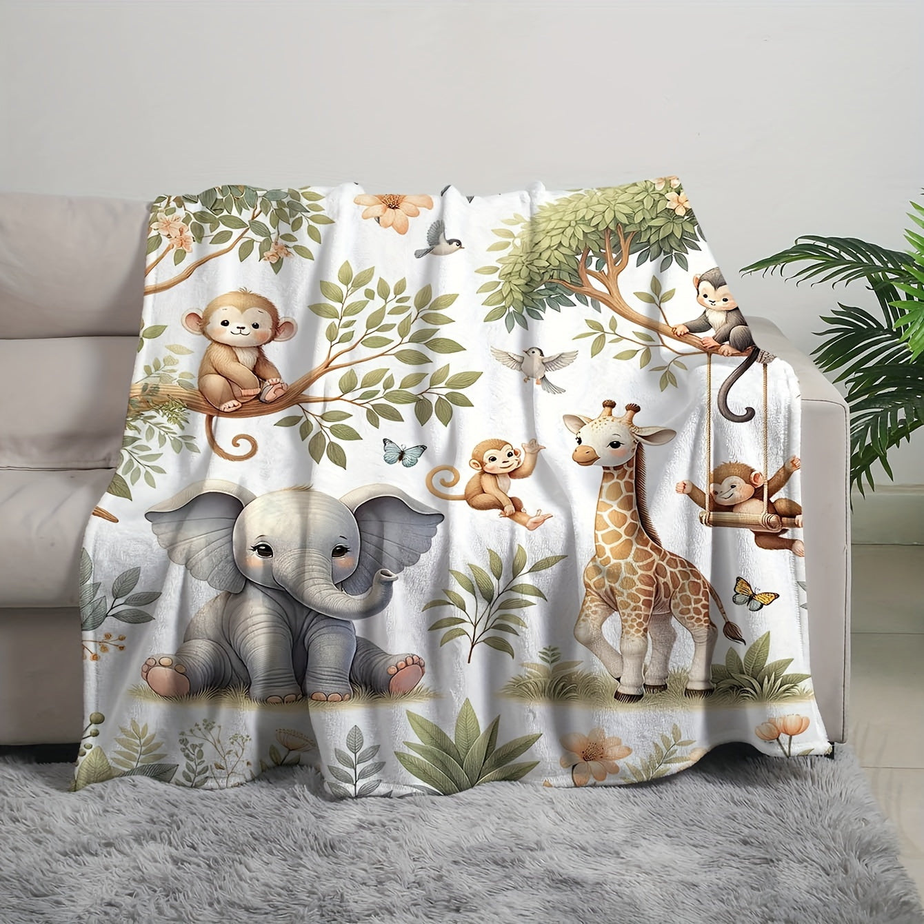 Soft Flannel Throw Blanket with Animal Designs Elephant Giraffe Monkey Cozy Plush for Couch Bed Travel