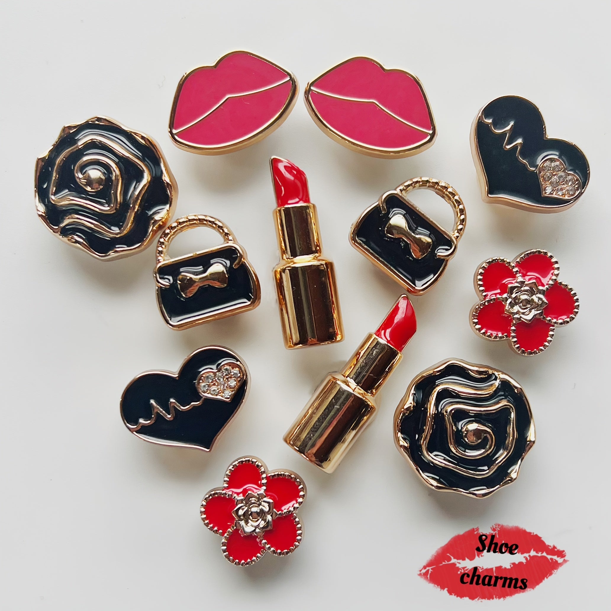 12Pcs Red Lipstick Shoe Charms Removable Plastic Accessories for Sandals and Bags