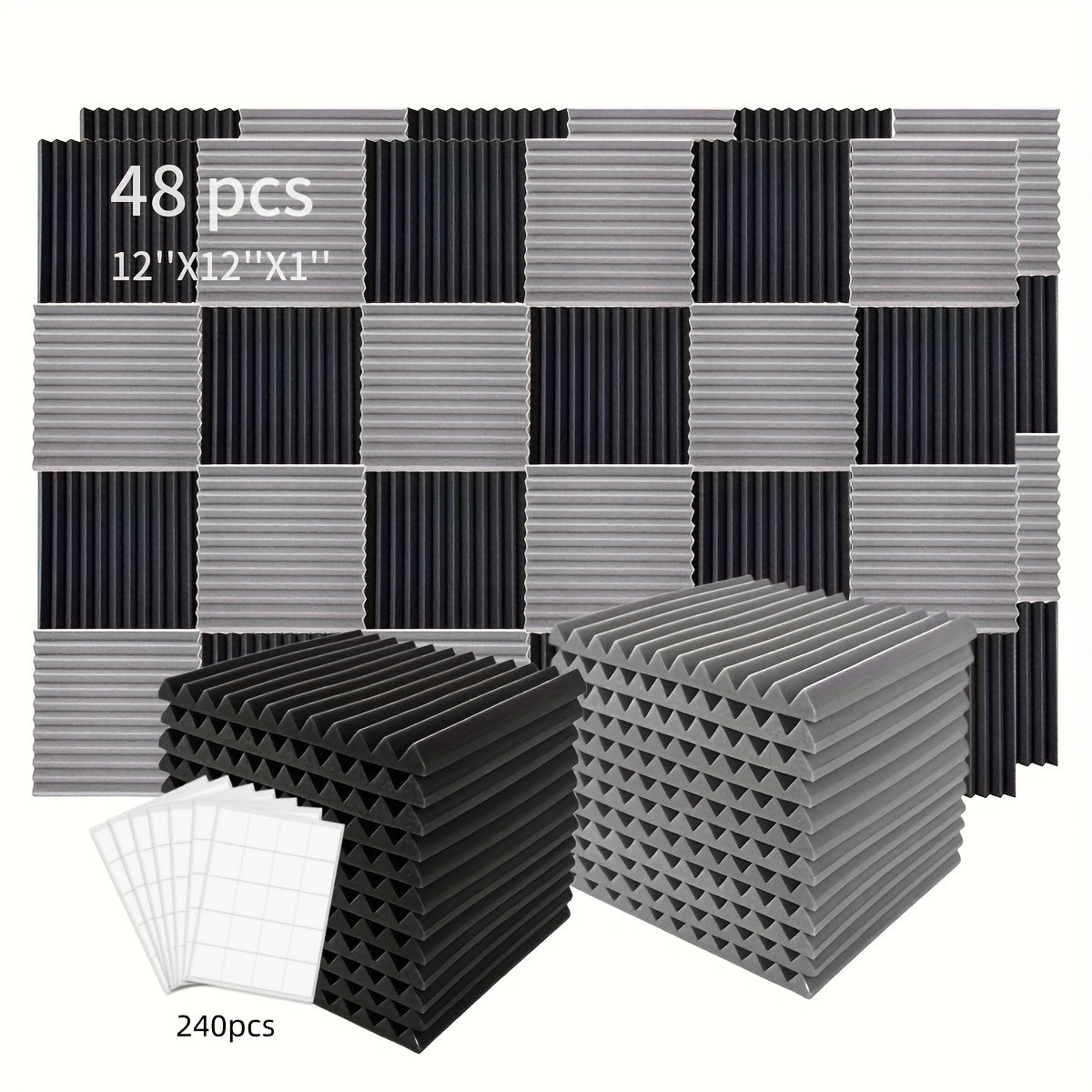 48pcs Acoustic Foam Panels Soundproofing Fire-Resistant Wedges for Studio Bedroom Office Black Gray