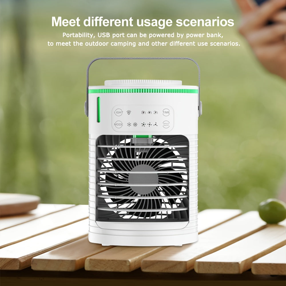Rangli chiroqlar bilan portativ mist ventilyatori, 3 tezlik, USB quvvati, sensorli boshqaruv
