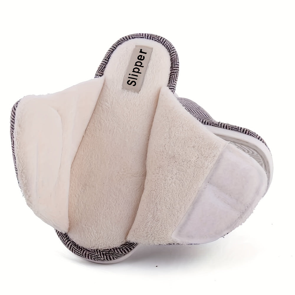 Women Plush Lined Open Toe Indoor Slippers Non-slip Warm Shoes