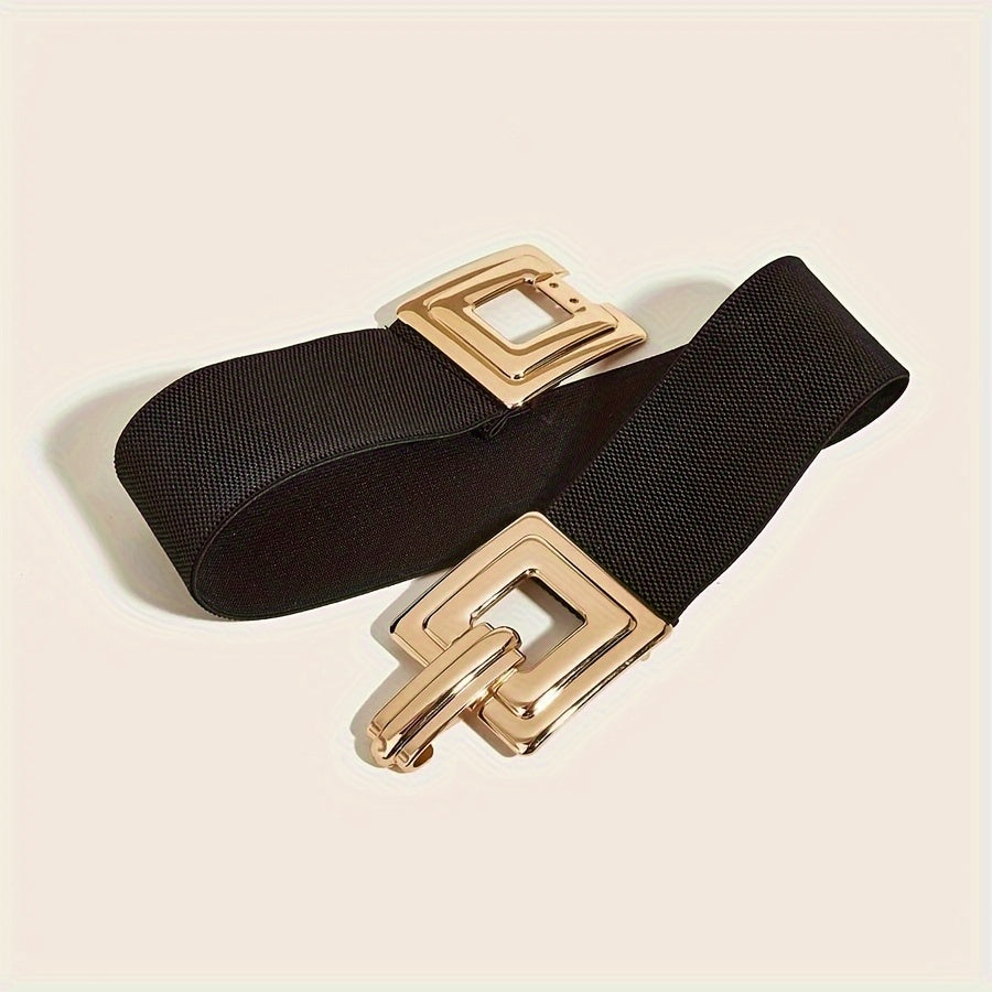 Женский широкий эластичный пояс с золотой двойной квадратной пряжкой для платьев