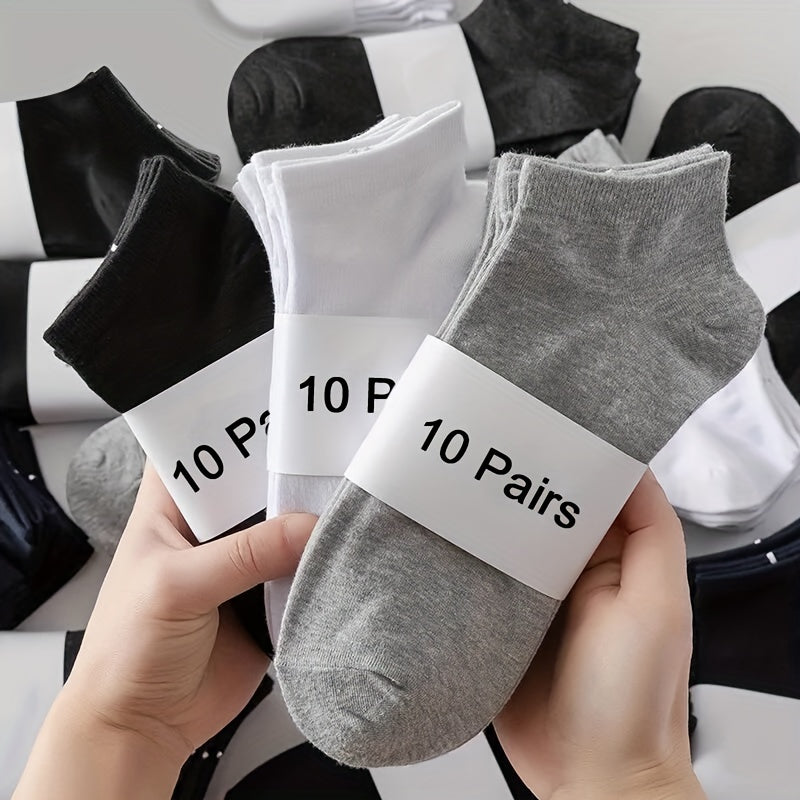 Men's Summer Invisible Boat Socks 10 Pairs Moisture-Wicking Odor-Resistant Thin Sports Black White Gray