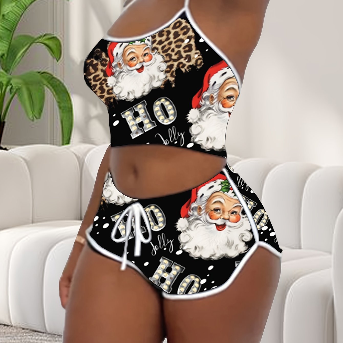 Conjunto de ropa de descanso de verano para mujer con top corto de cuello halter y pantalones cortos elásticos