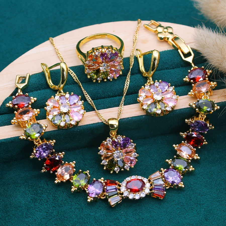 Стильный 5-предметный набор украшений с яркими кубическими циркониями - включает браслет, серьги, ожерелье и регулируемое кольцо, сверкает в 18K золотом - идеально подходит для особых случаев, таких как свадьбы, праздники и праздничные подарки.