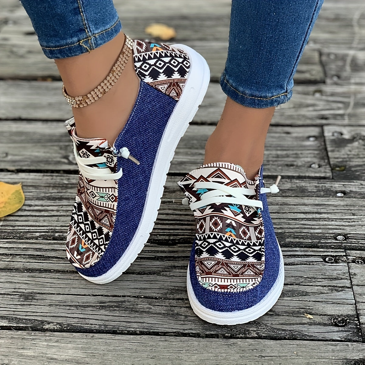 Women's Canvas Sneakers, Geometric Pattern, Casual Low Top Shoes
