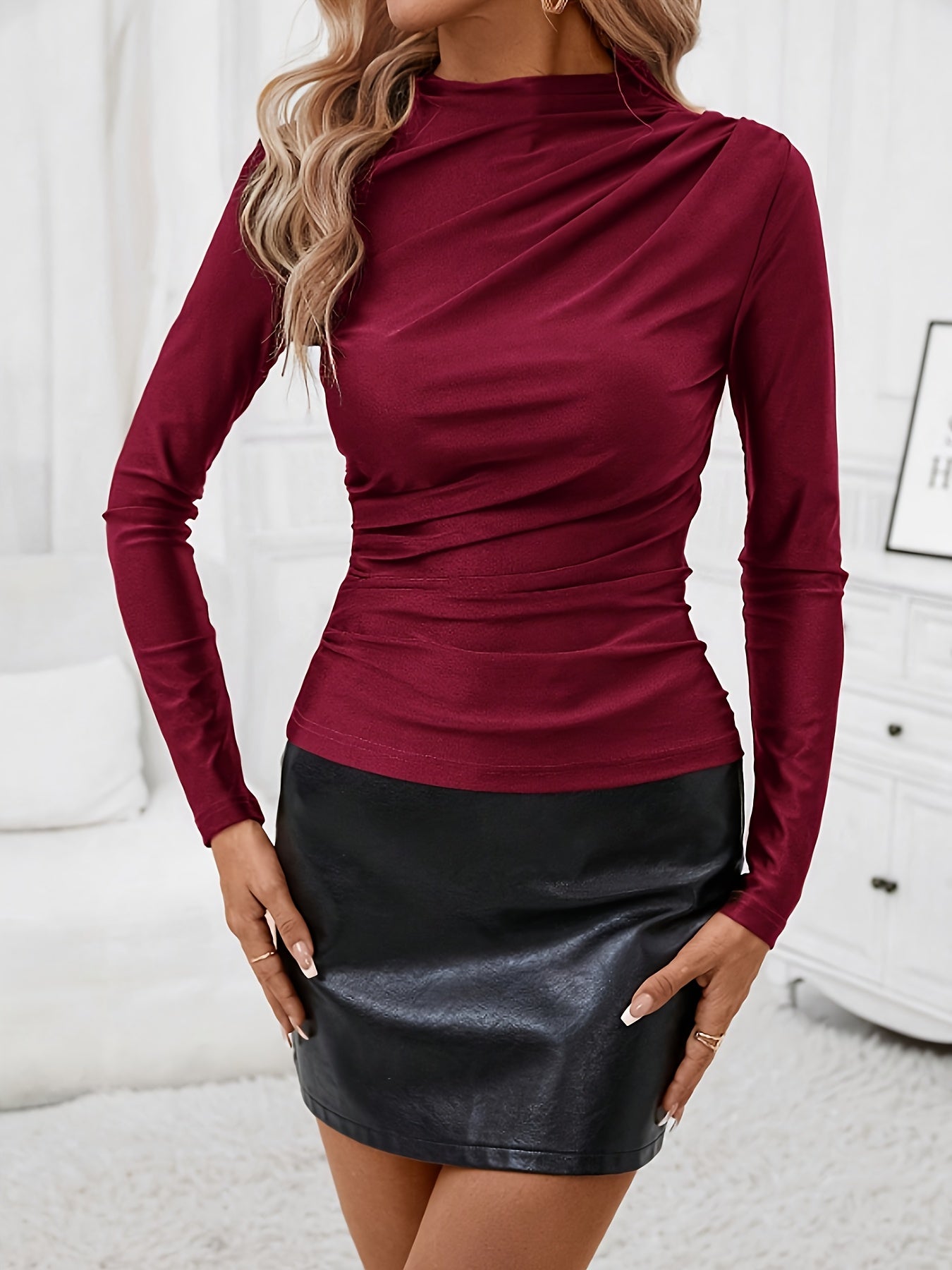 Women's Brown High-Neck Long Sleeve Blouse with Shoulder Ruching and Slim Fit