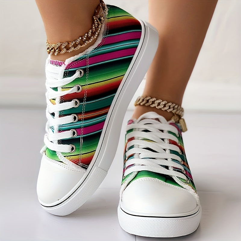 Women's Canvas Sneakers Colorful Striped Low Top Casual Shoes
