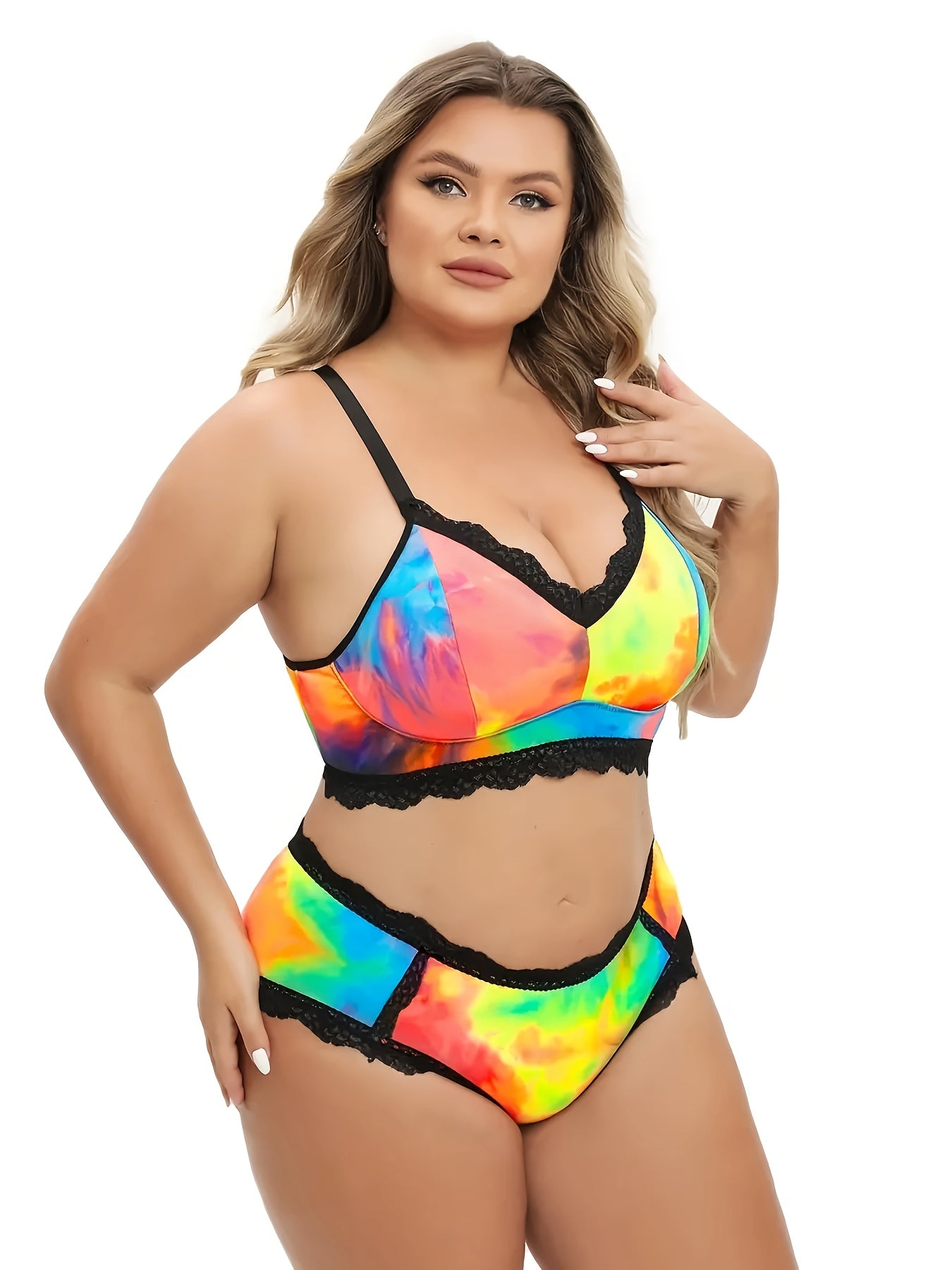 Conjunto de lencería de tallas grandes con estampado tie dye, encaje en el borde y sujetador y braga de espalda de racer