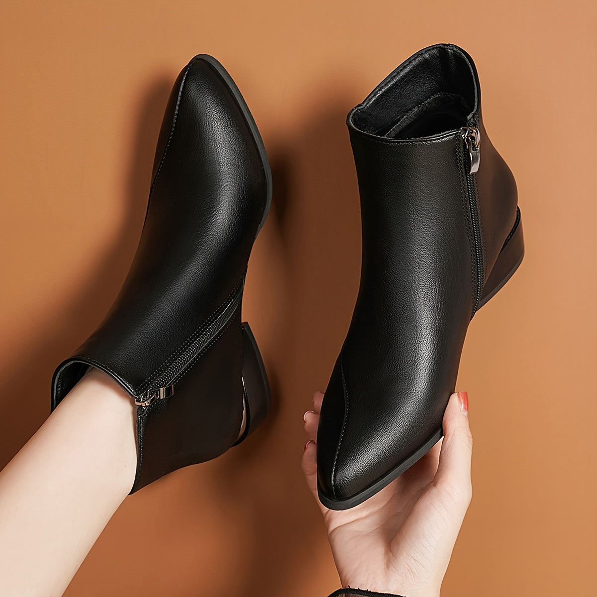 Women's Chelsea Boots Leather Pointed Toe Ankle Zipper Chunky Heel