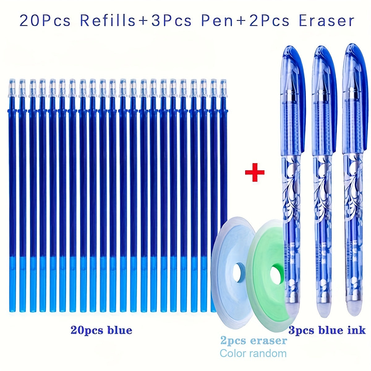 Erasable Ballpoint Pen Set with 3 Pens, 20 Refills, 2 Erasers, 0.5mm Micro Point