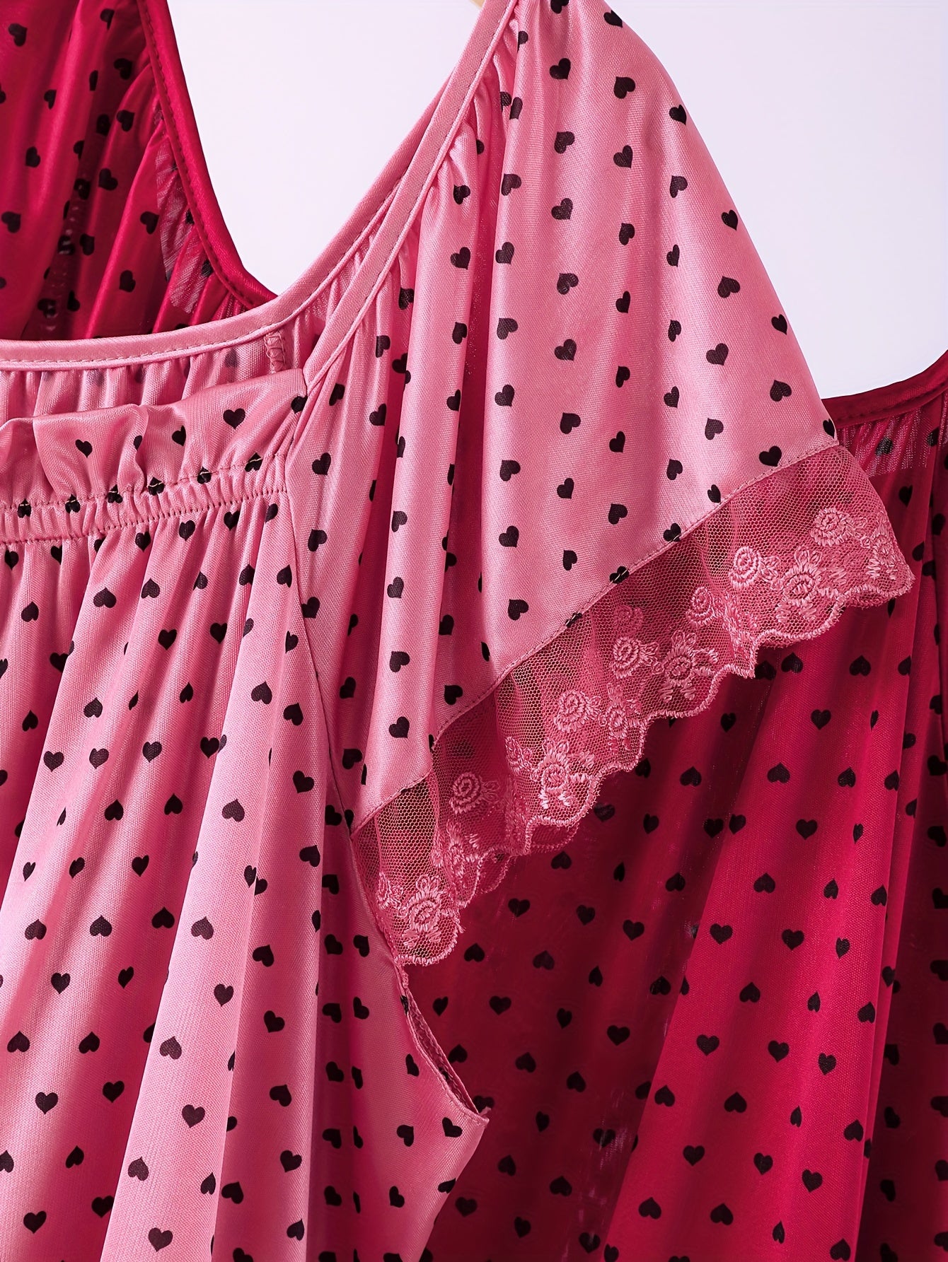 Women's Plus Size Heart Print Lace Sleep Dress Short Sleeve Lounge Wear