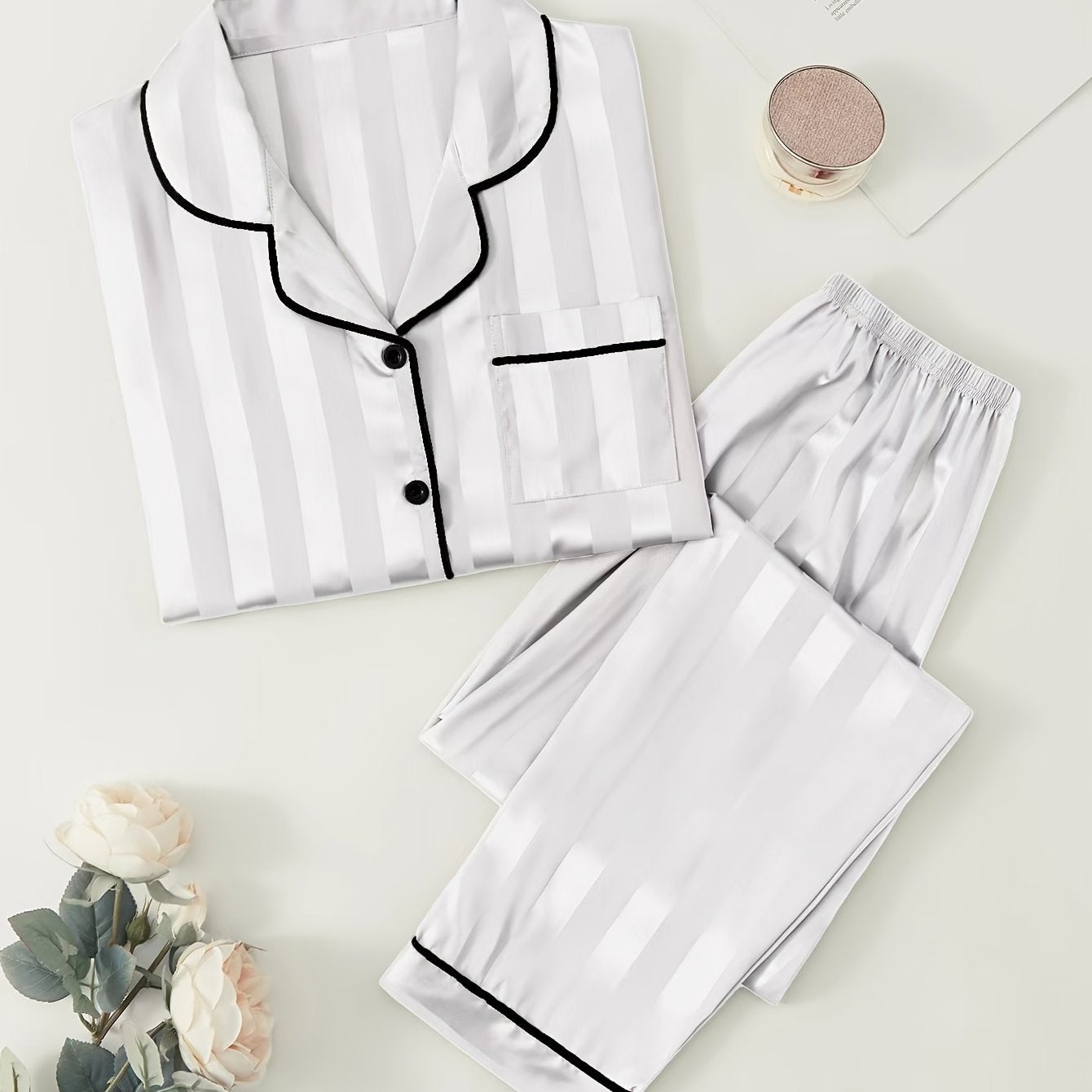 Women's Satin Pajama Set with Striped Long Sleeve Top and Lounge Pants Sleepwear Loungewear