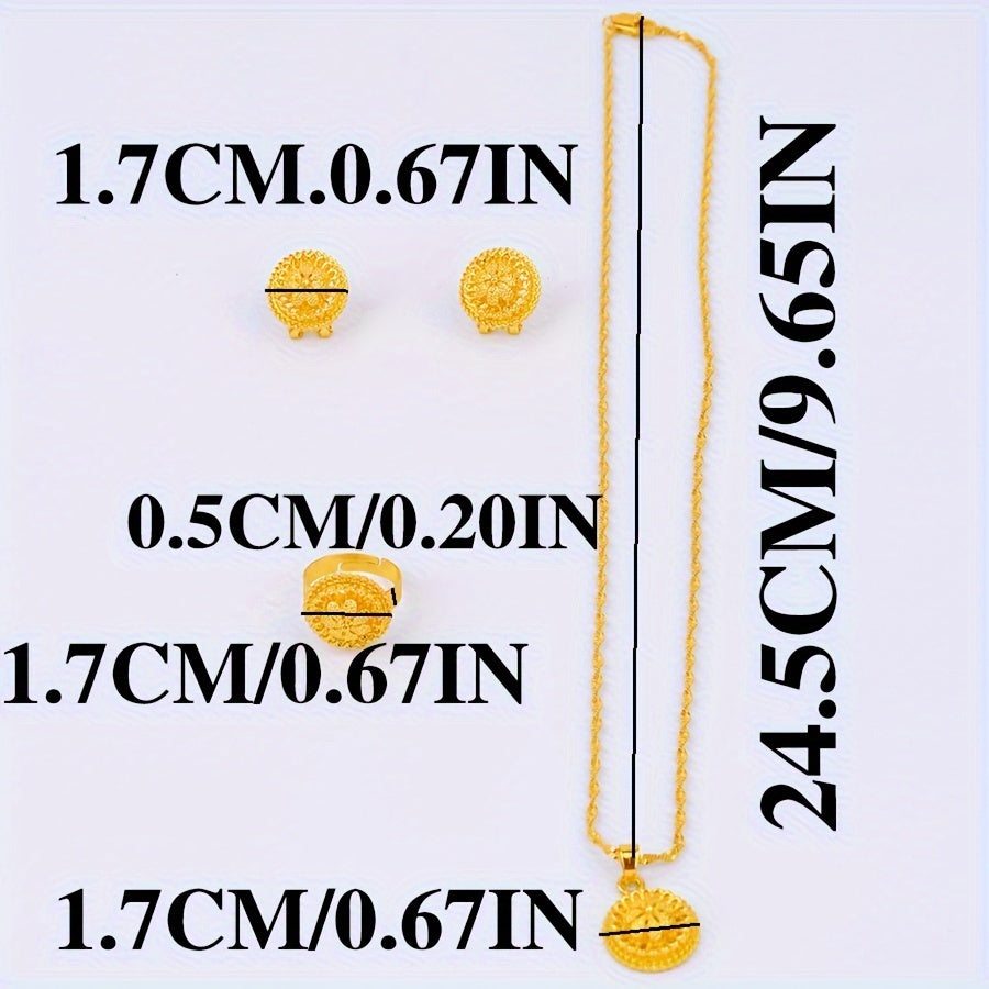 4-Piece Middle Eastern Style Jewelry Set Gold-Tone Alloy Earrings Ring Necklace Pendant Bridal Wedding Daily Wear