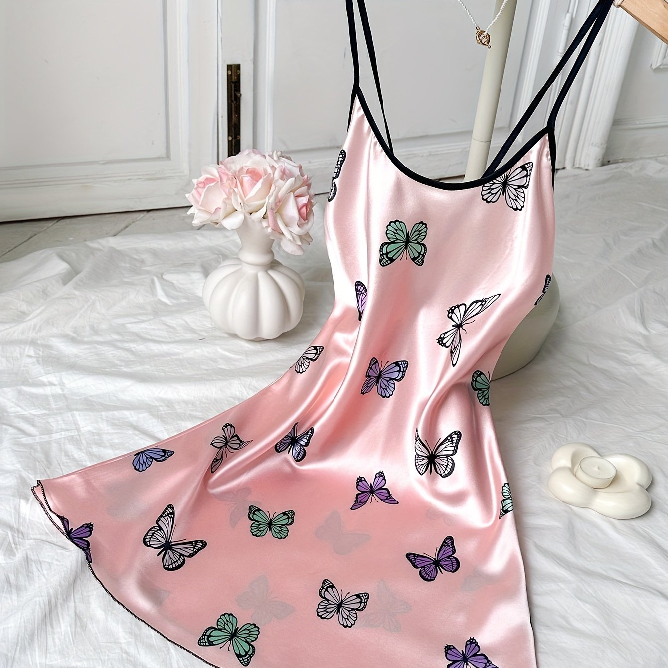 Women's Satin Nightgown with Butterfly Print Adjustable Cross Straps All-Season Sleepwear