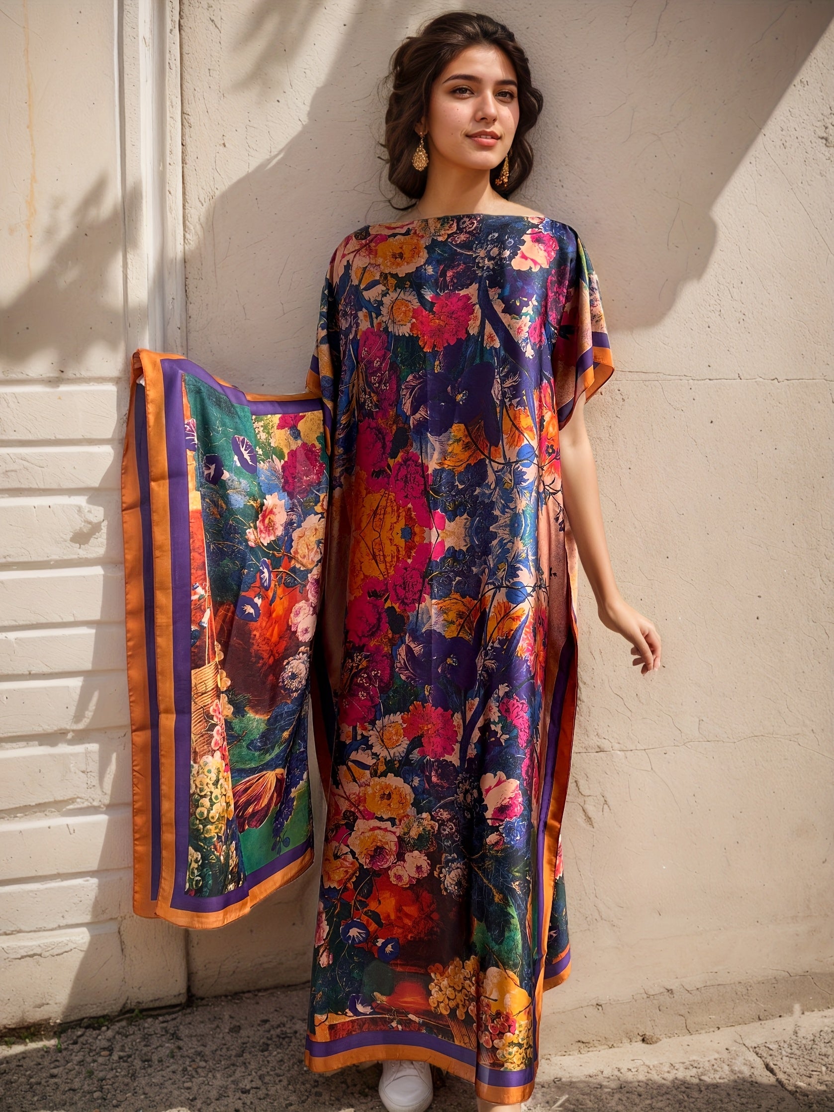 Women's Plus Size Floral Print Batwing Sleeve Maxi Dress Polyester Casual Party Wear