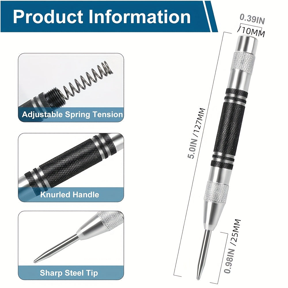 2pcs Heavy Duty Automatic Center Punch Stainless Steel Chrome 12.7cm for Metal Plastic Wood