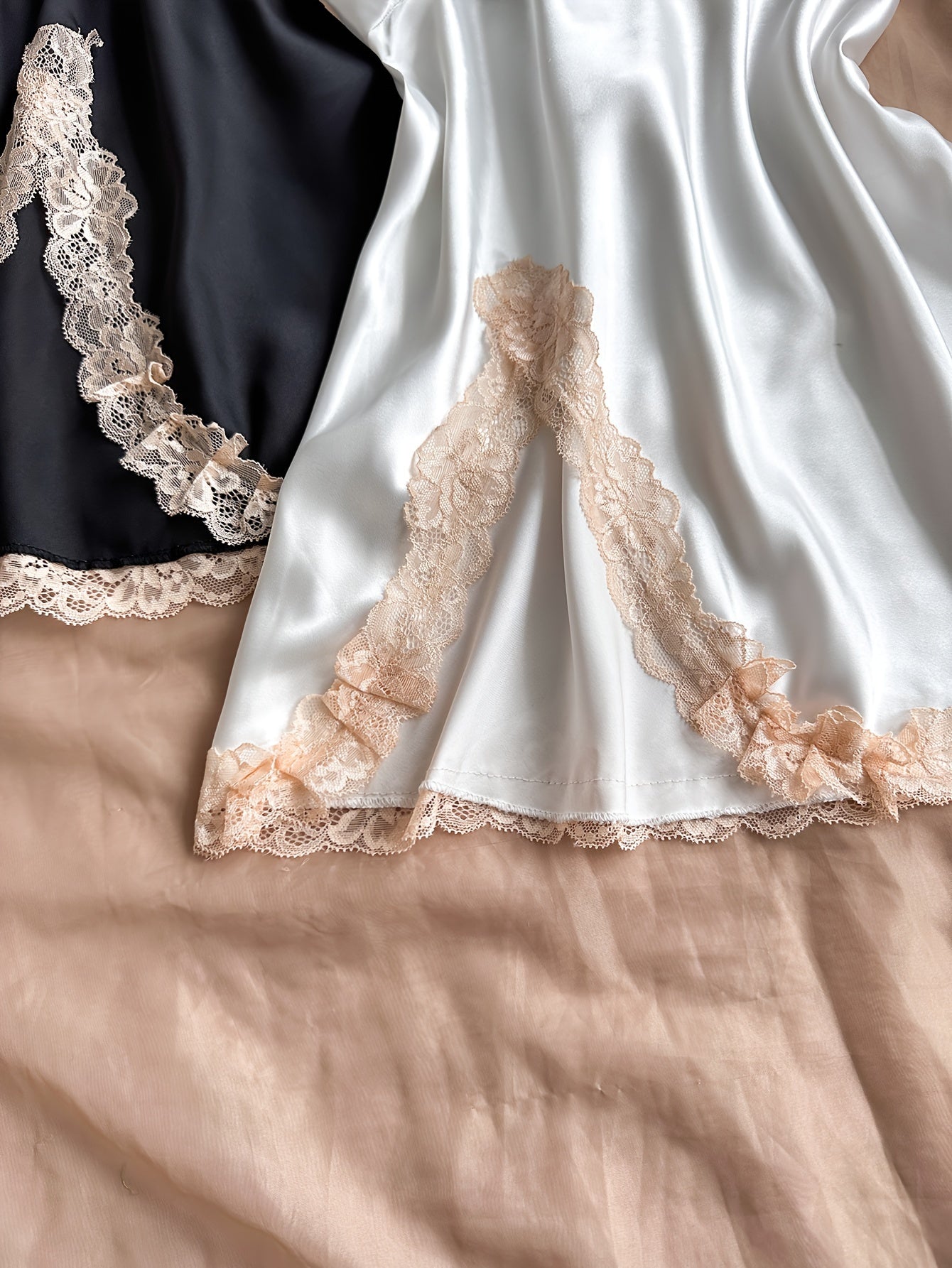 Solid Satin Lace Trim Nightgown for Women V-Neck Strappy Back Split Hem All-Season