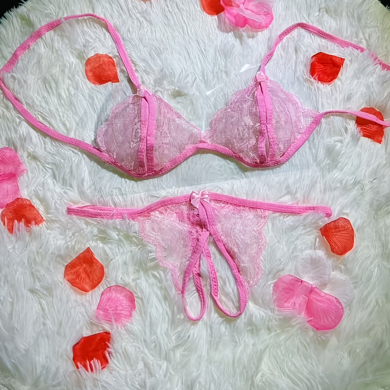 Women's Floral Lace Lingerie Set Triangle Bra and Open Crotch Thong