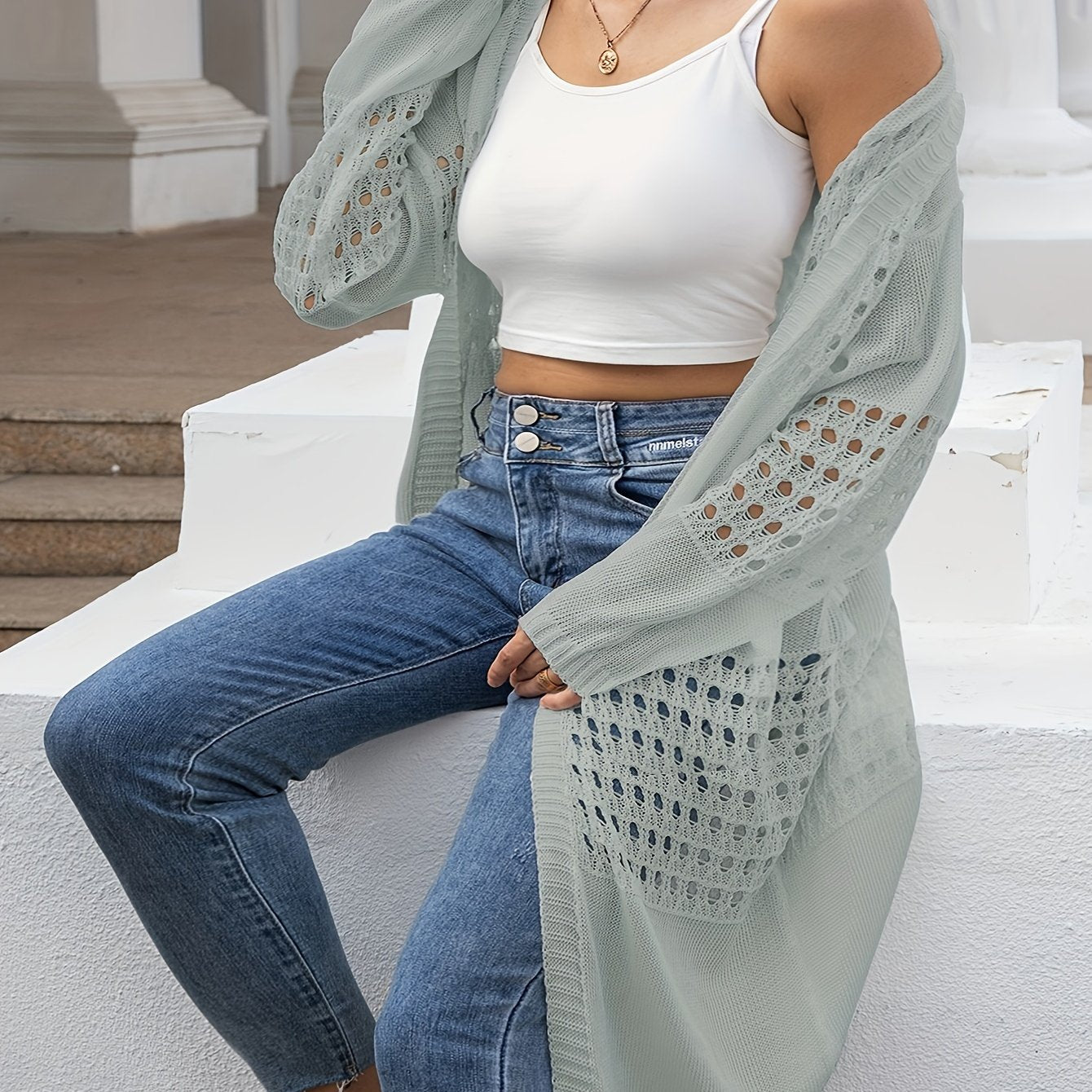 Cárdigan de punto para mujer talla grande con manga larga, abertura frontal y bordado, estilo flyaway