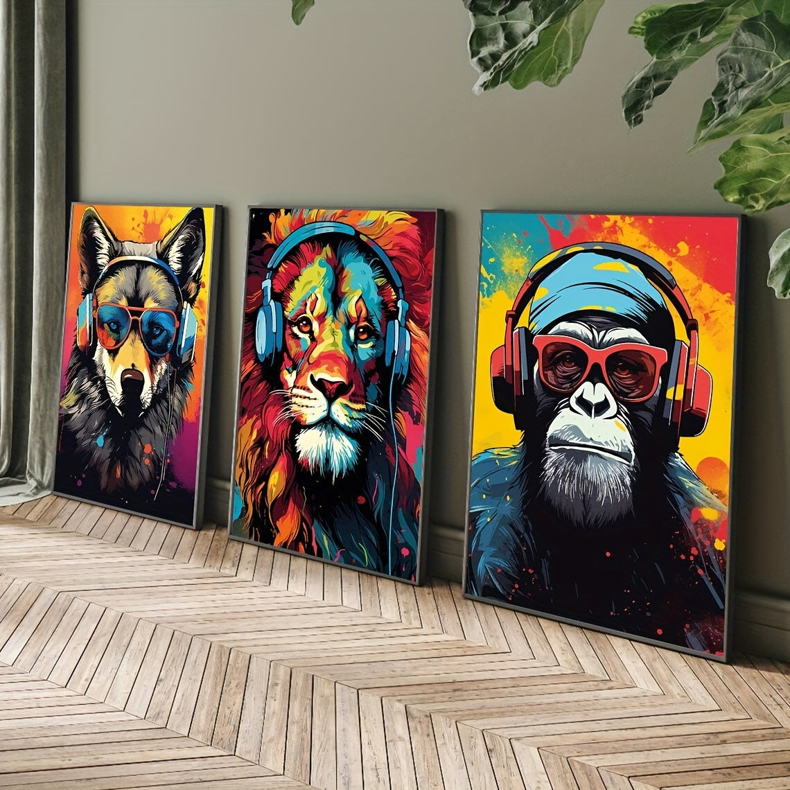 Set of 3 Animal Earphone Canvas Wall Art Posters Modern Animal Print Decor for Living Room Bedroom Corridor
