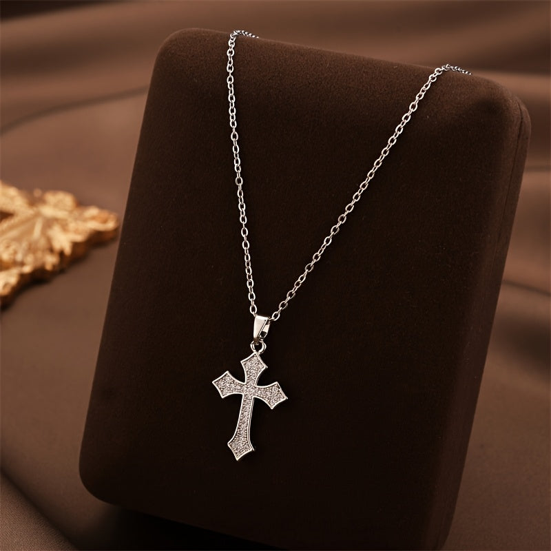 Unisex 18K Gold Plated Titanium Steel Cross Pendant Necklace Rhinestones Adjustable Clavicle Chain