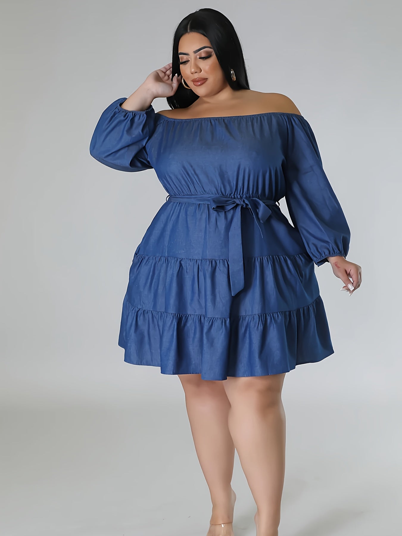 Plus Size Women's Denim Off-Shoulder Tiered Dress Casual Formal All-Season