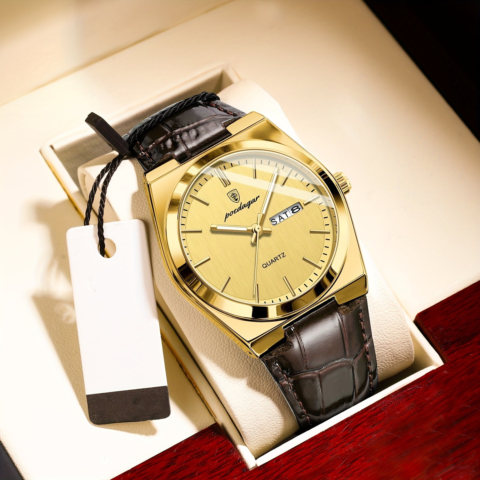 Men's Business Casual Watch with Calendar Quartz Movement Leather Strap Alloy Case