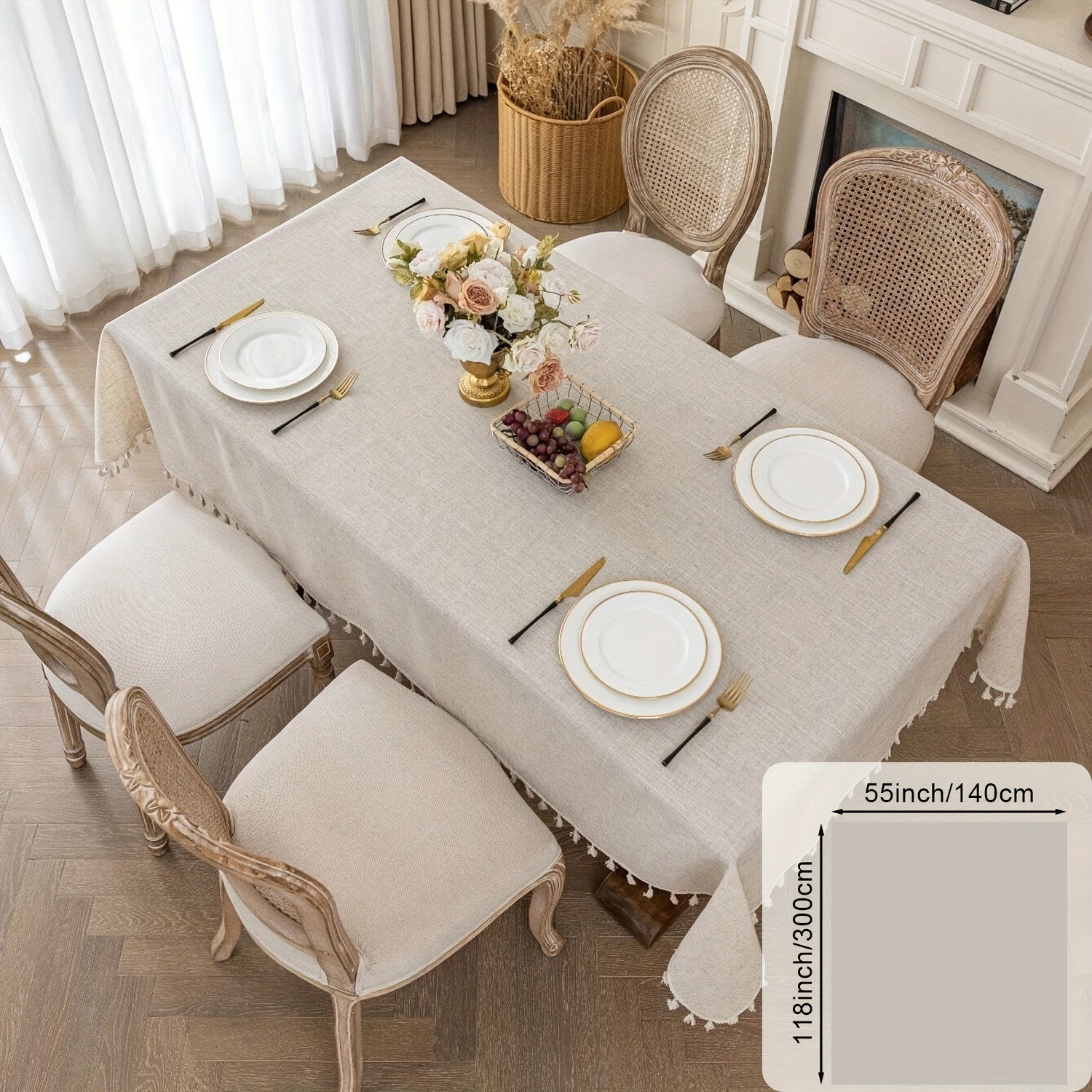 Polyester Cream Tassel Lace Tablecloth Khaki for Holidays and Parties