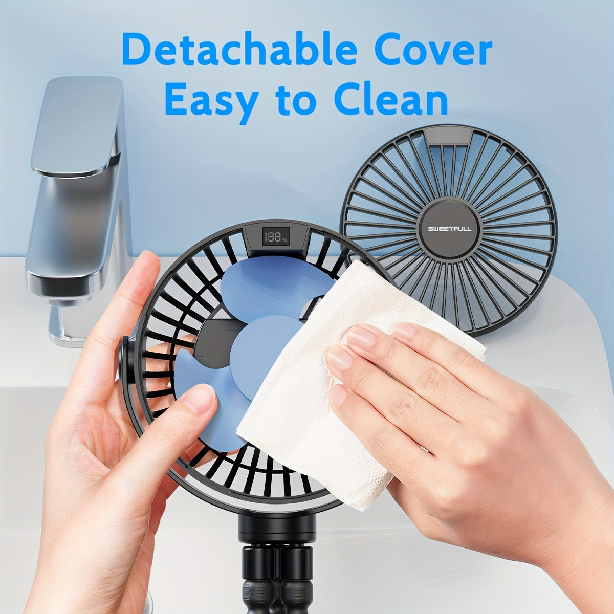 SWEETFULL Портативный вентилятор для коляски с LED-дисплеем, мини-вентилятор с 4 скоростями и перезаряжаемой батареей для личного охлаждения в пути.