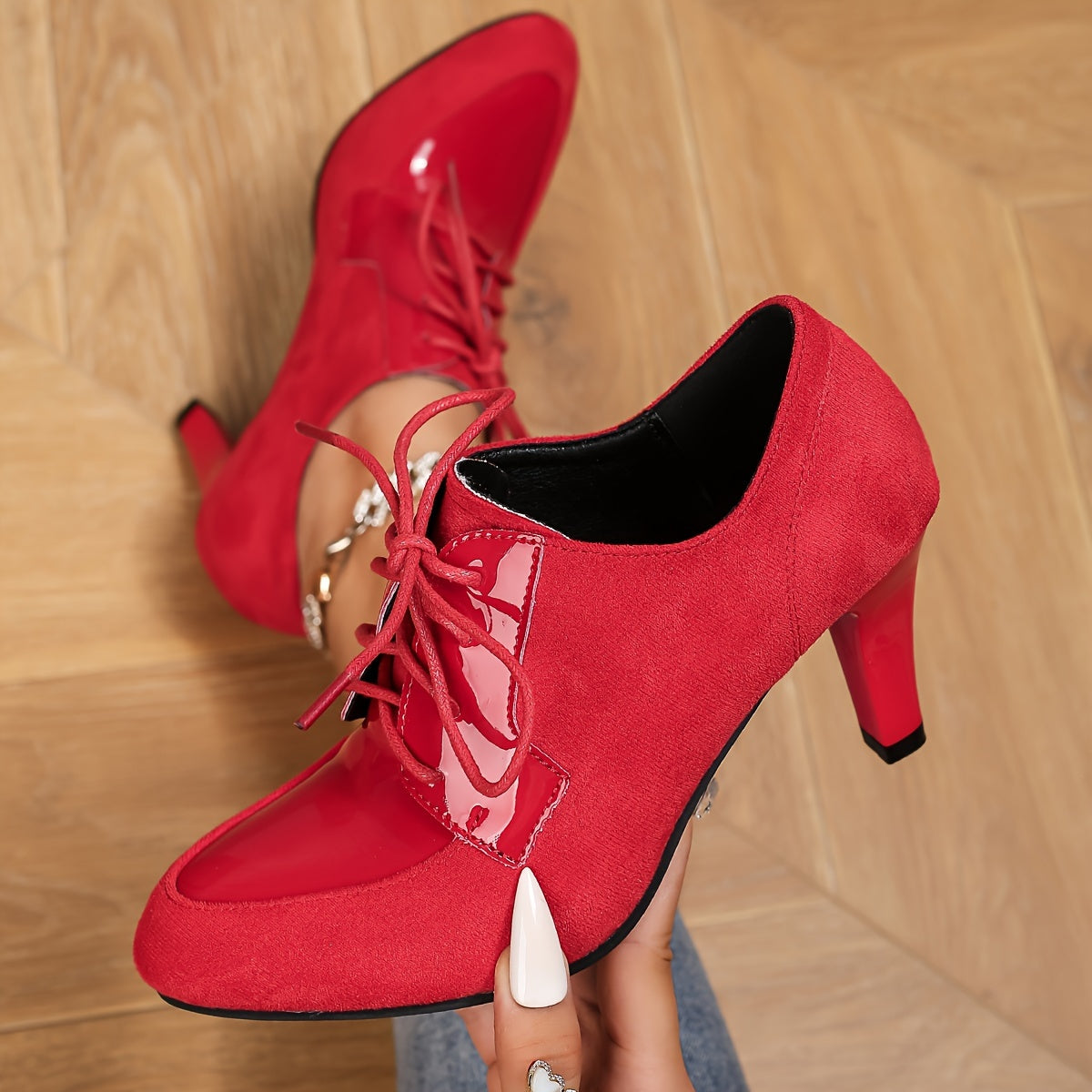 Women's Pointed-Toe High Heel Ankle Boots Synthetic Lace-Up Chunky Heel Non-Slip Rope Sole