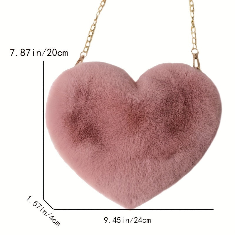 Heart-Shaped Fluffy Faux Fur Shoulder Bag Zipper Closure for Valentine's Day and Casual Use