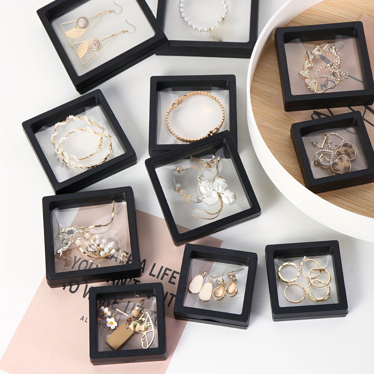 10 ta zargarlik buyumlarini saqlash qutisi to'plami, changga chidamli, oksidlanishga qarshi, PE film bilan, uzuklar, sirg'alar, taqinchoqlar, marjonlar uchun