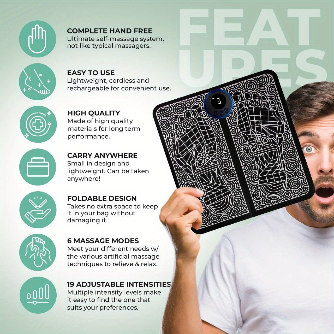 15 daqiqalik tinchlantiruvchi qulaylik, 6 ta sozlama va uyda dam olish uchun USB orqali zaryadlanadigan elektr oyoq massajchisi.