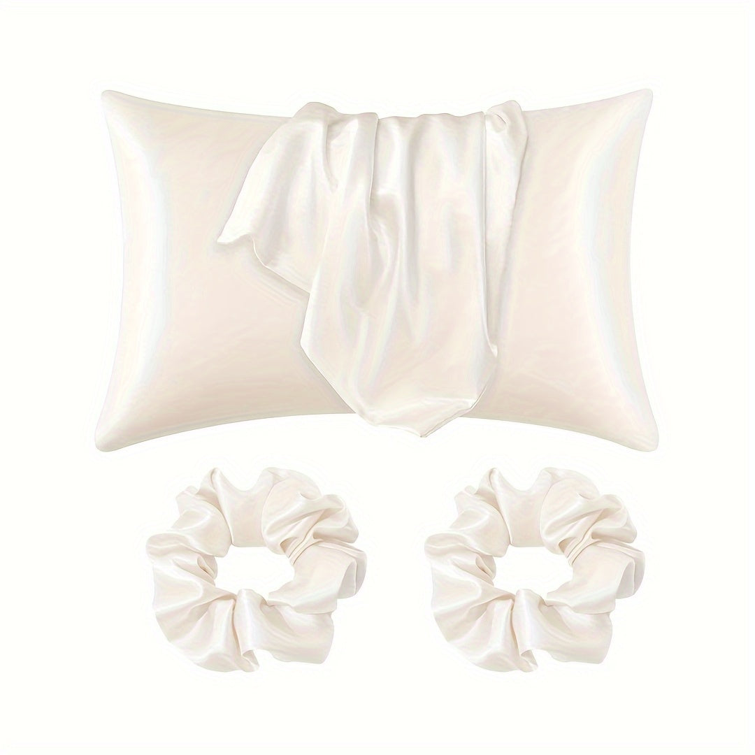 Uy va mehmonxona uchun 3 ta bo'lakli saten yotoq va hammom to'plami, yostiqchalari va scrunchies bilan