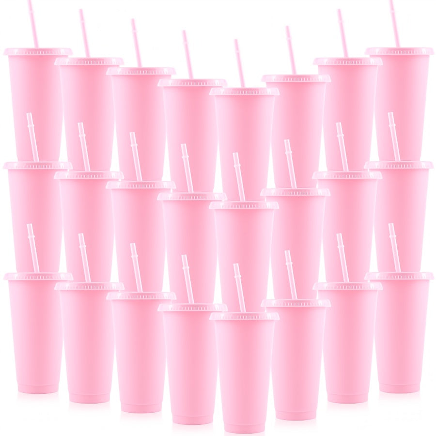 Pink Plastic Tumblers 24oz with Lids and Straws for Summer Parties and Poolside