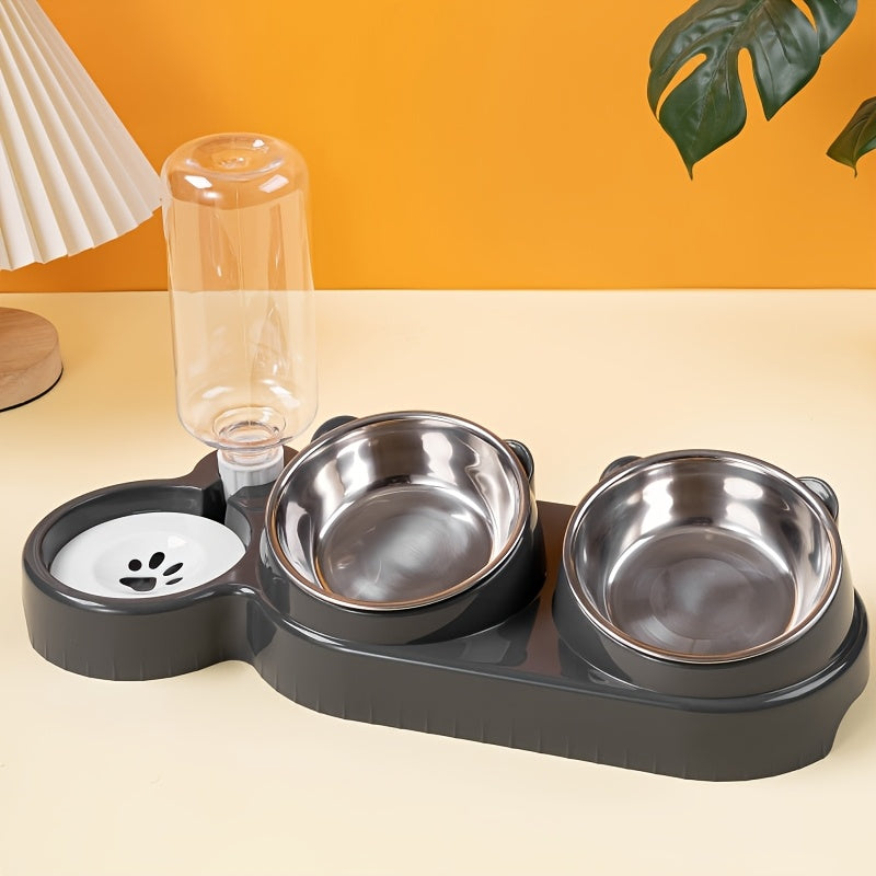 Dual Bowl Pet Feeder and Water Dispenser Stainless Steel Plastic for Cats and Dogs